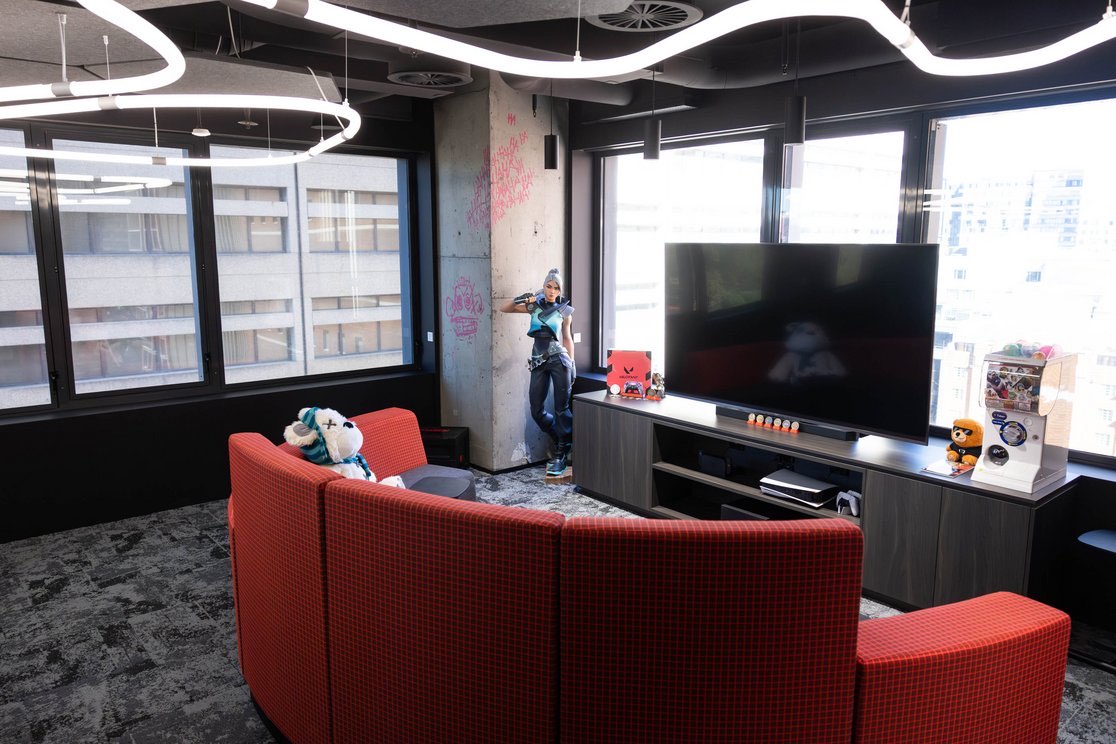 Riot Games lounge with character artwork