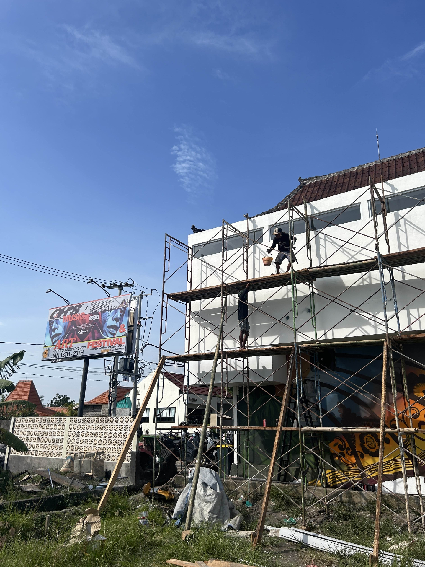 Scaffolding in progress on Open House Bali mural