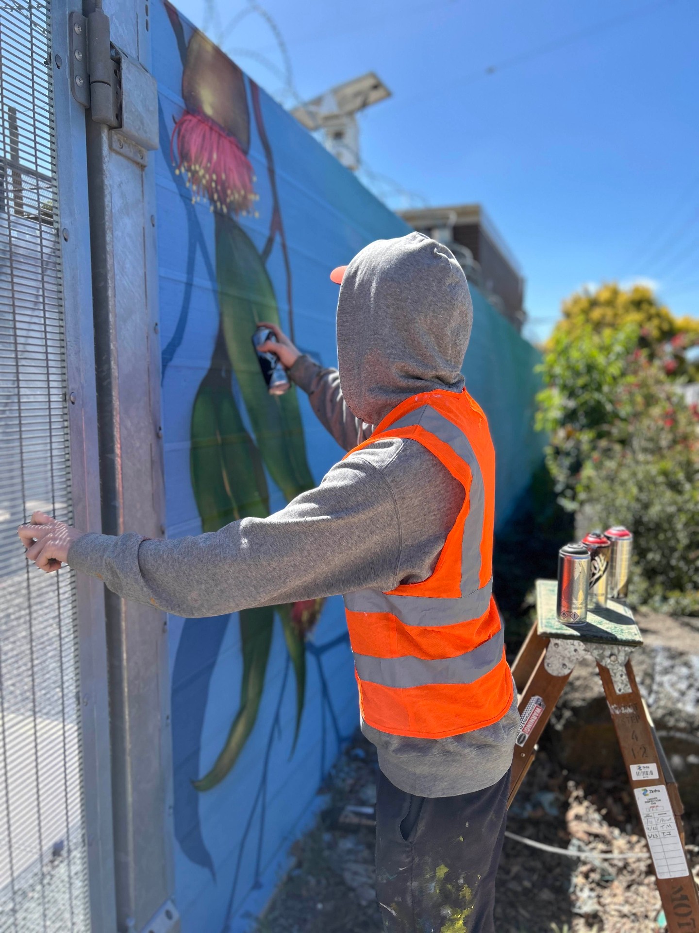 Gradient artist spray-painting eucalyptus gum blossom mural