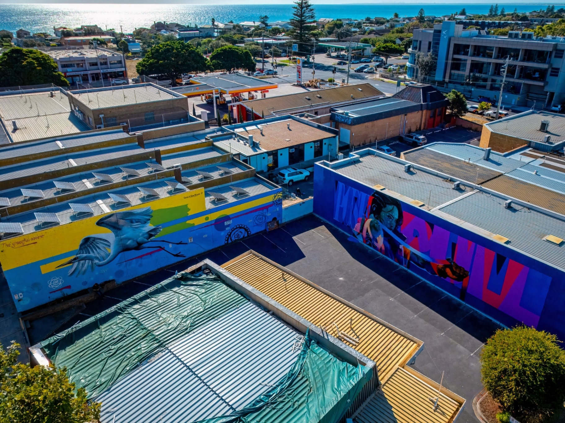 Aerial view of the completed PushPull mural in Frankston