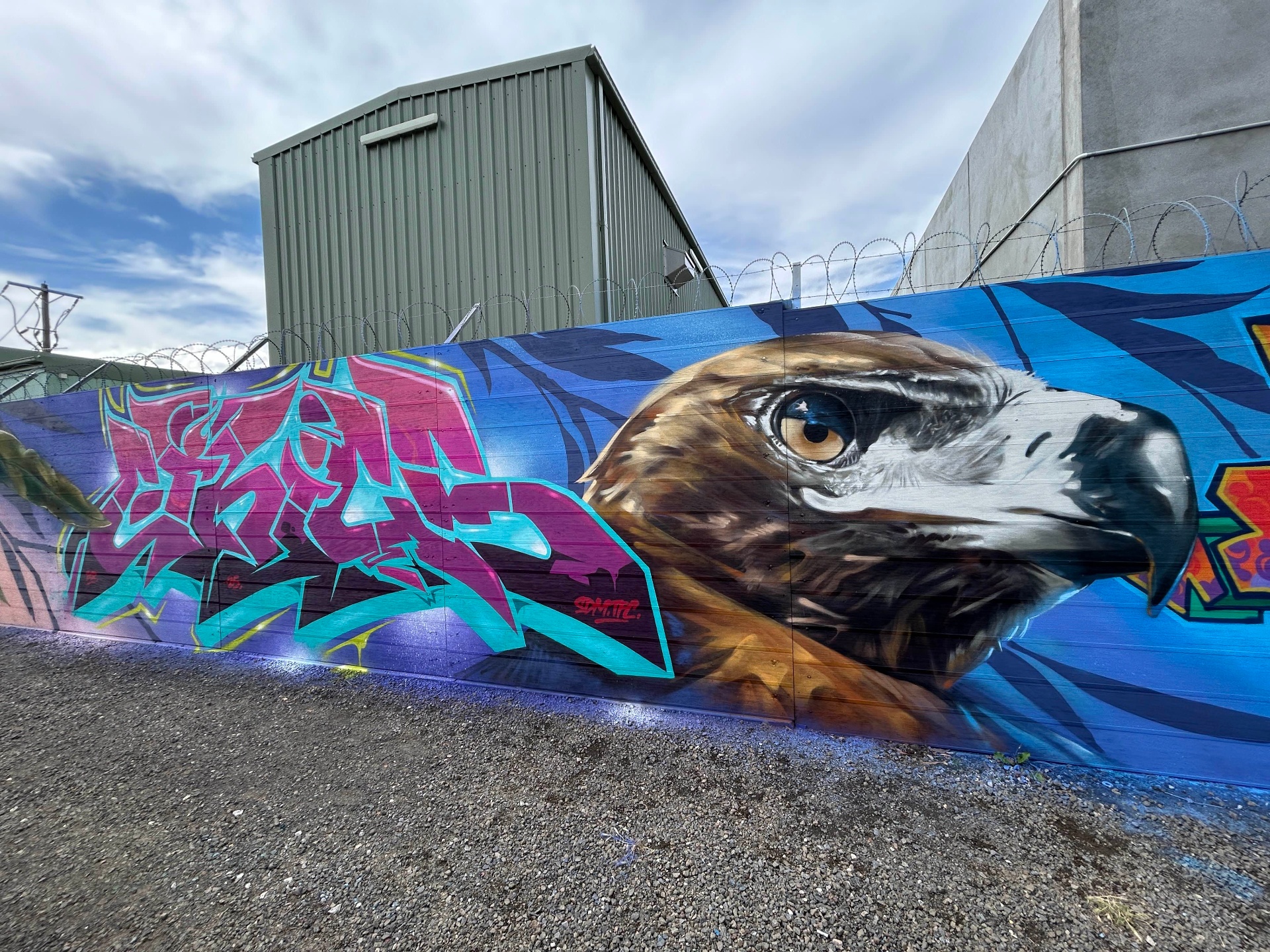 Wedge-tailed eagle mural with graffiti lettering on Jemena hoarding